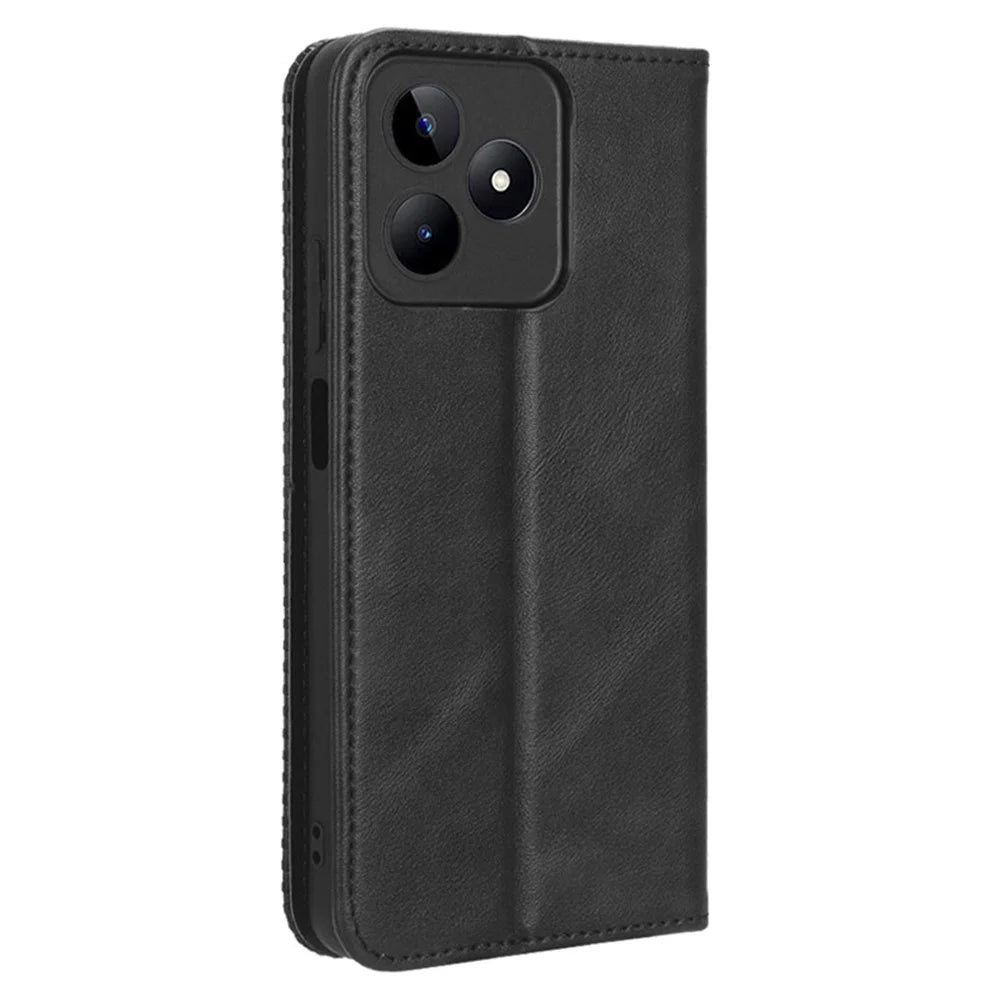 For Realme C53 (Global) / C53 (India) / C51 / Note 50 4G / Narzo N53 4G PU Leather Retro Phone Case Shockproof Stand Wallet Cover - Black - 6