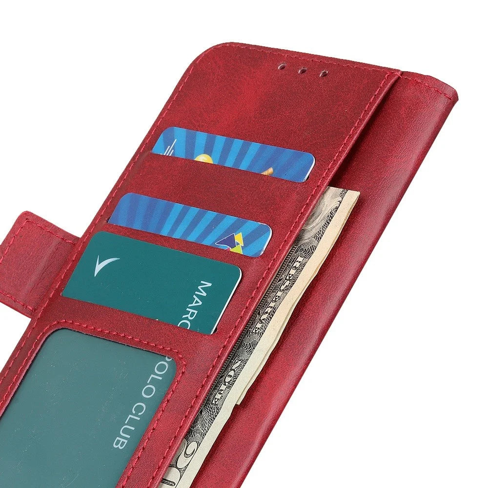 For iPhone 15 Pro Max Full Protection Cover PU Leather Wallet Stand Cowhide Texture Cell Phone Case - Red - 4