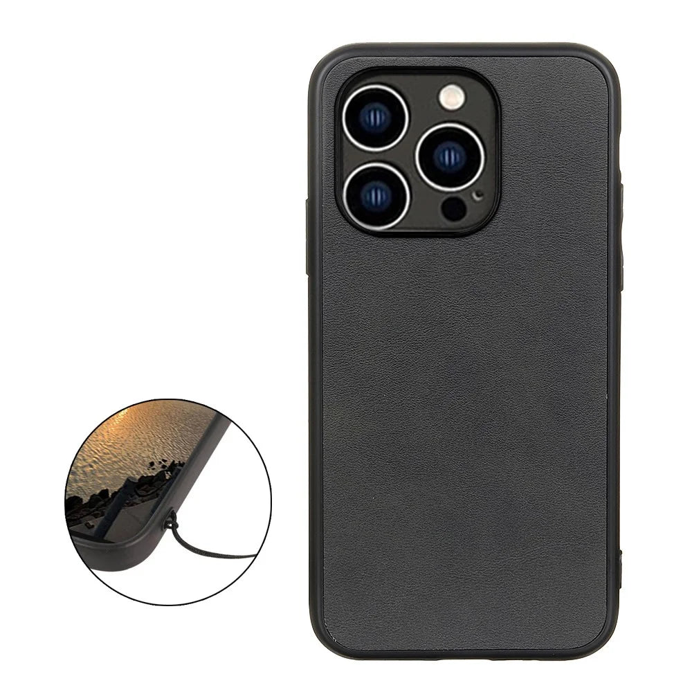 For iPhone 15 Pro Max PC+TPU+PU Leather Anti-Scratch Phone Case Cowhide Texture Back Cover - Black - 2