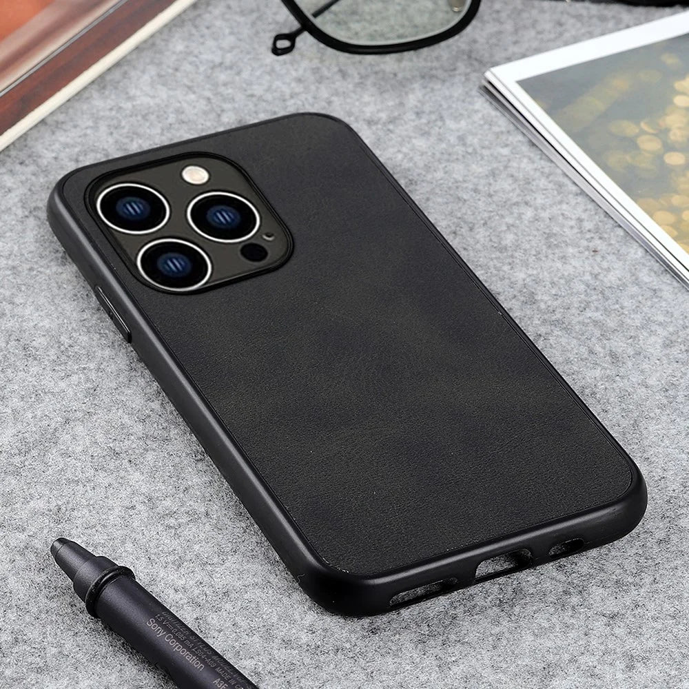 For iPhone 15 Pro Max PC+TPU+PU Leather Anti-Scratch Phone Case Cowhide Texture Back Cover - Black - 3
