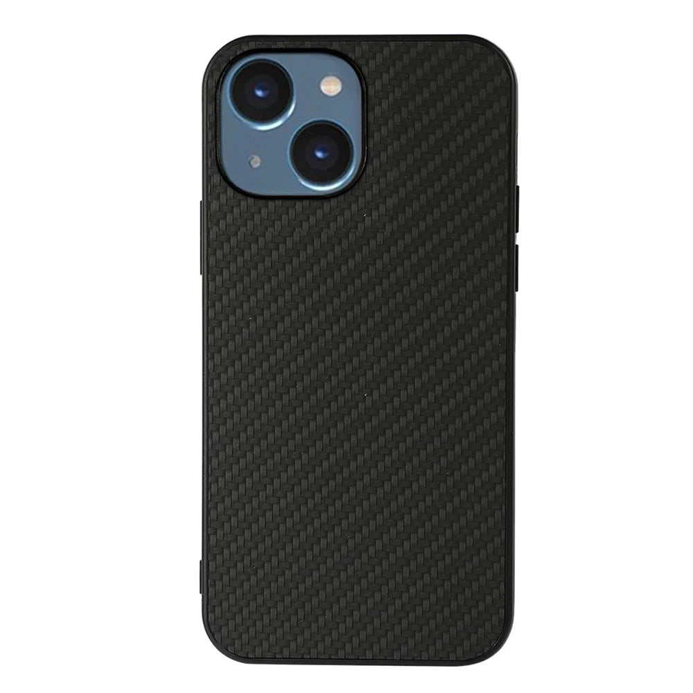For iPhone 15 Plus PU Leather Coated TPU Mobile Case Carbon Fiber Texture Phone Cover - Black - 1