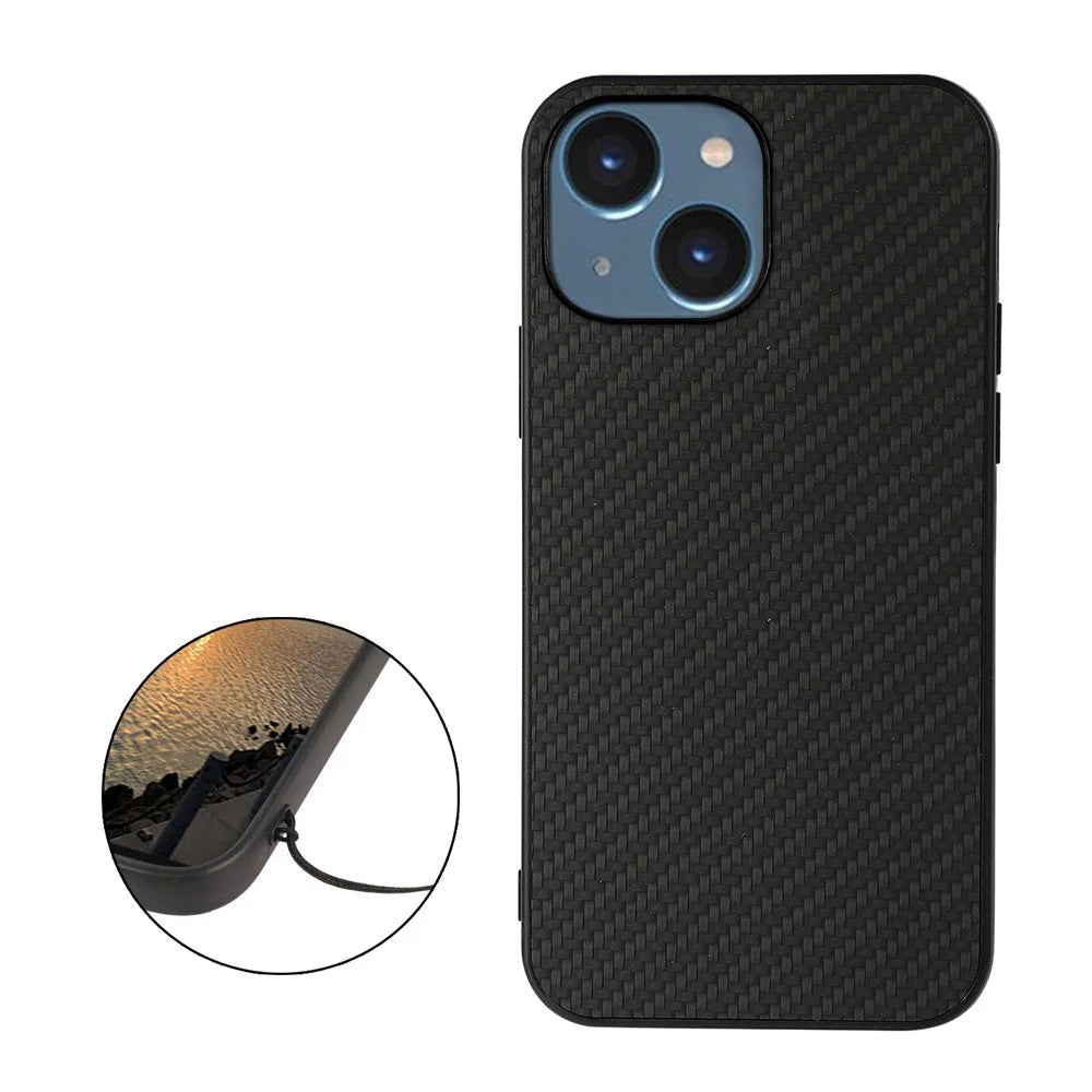 For iPhone 15 Plus PU Leather Coated TPU Mobile Case Carbon Fiber Texture Phone Cover - Black - 2