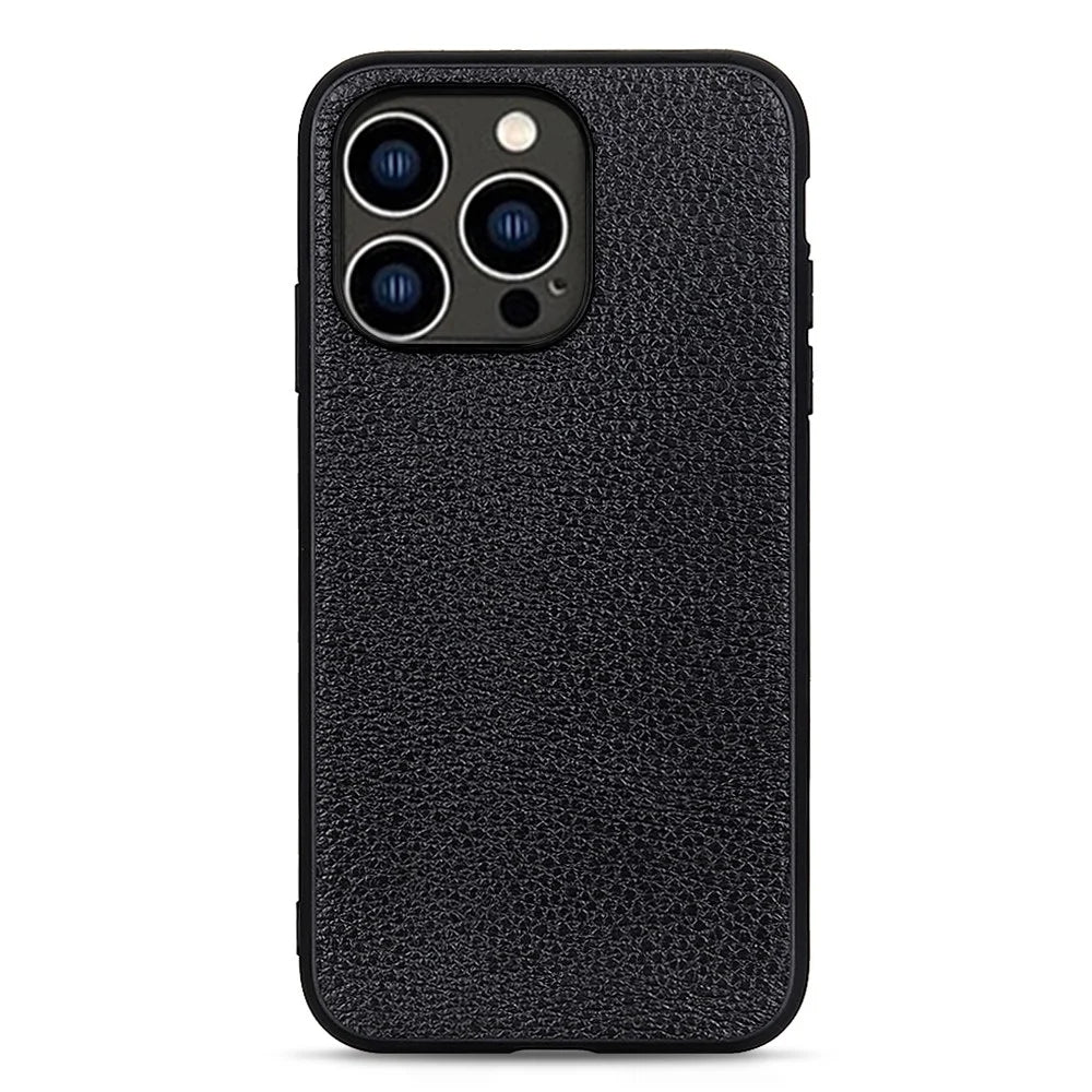 For iPhone 15 Pro Max Cell Phone Cover Litchi Texture Genuine Cow Leather+PC+TPU Smartphone Cover - Black - 1