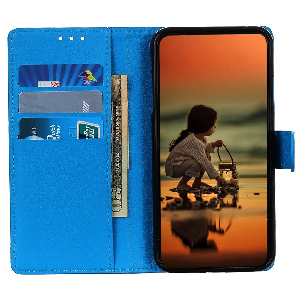 For iPhone 15 Anti-Scratch Litchi Texture Phone Case Wallet Stand PU Leather Protective Shell - Blue - 3
