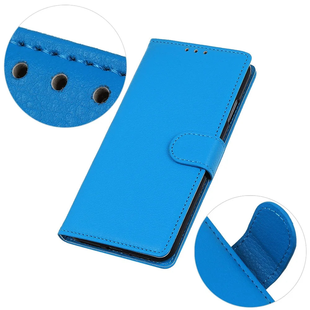 For iPhone 15 Anti-Scratch Litchi Texture Phone Case Wallet Stand PU Leather Protective Shell - Blue - 5