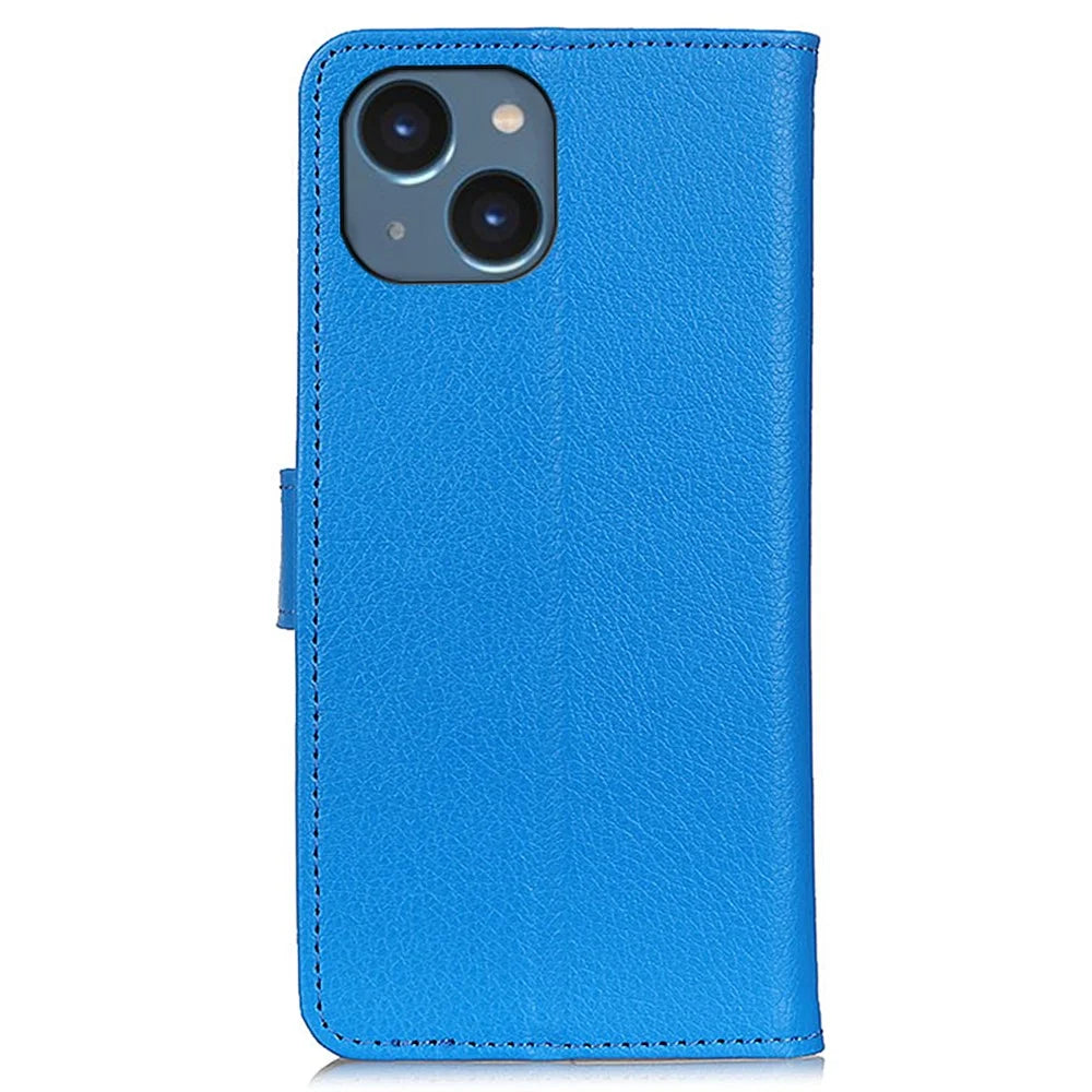 For iPhone 15 Anti-Scratch Litchi Texture Phone Case Wallet Stand PU Leather Protective Shell - Blue - 7