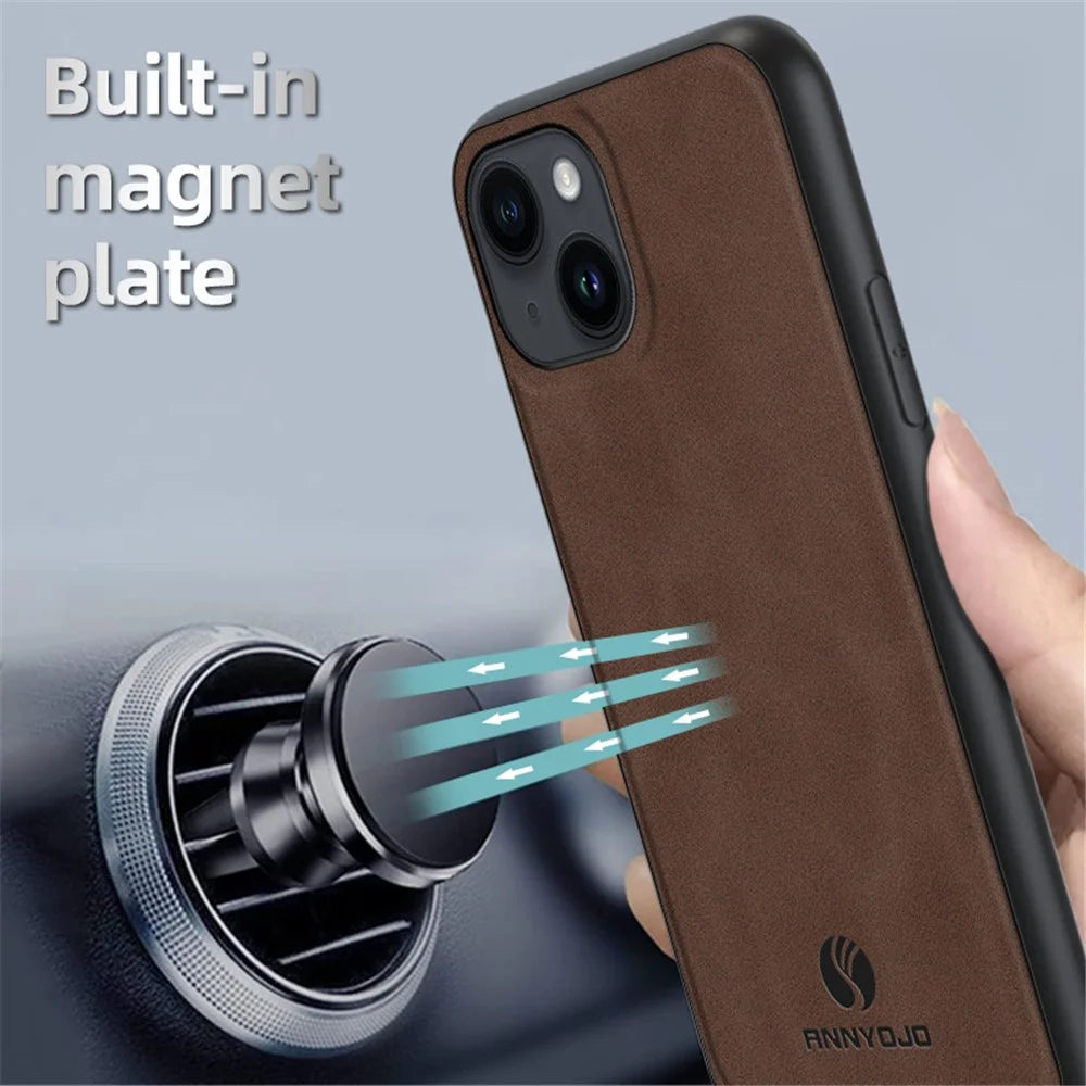 ANNYOJO For iPhone 14 Phone Case Support Magnetic Car Mount PU Leather Coated PC+TPU Cover - Coffee - 2