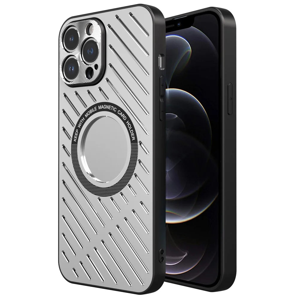 R-JUST RJ57 For iPhone 12 Pro Max Heat Dissipation Hollow Metal+TPU Phone Case Compatible with MagSafe - Silver - 1