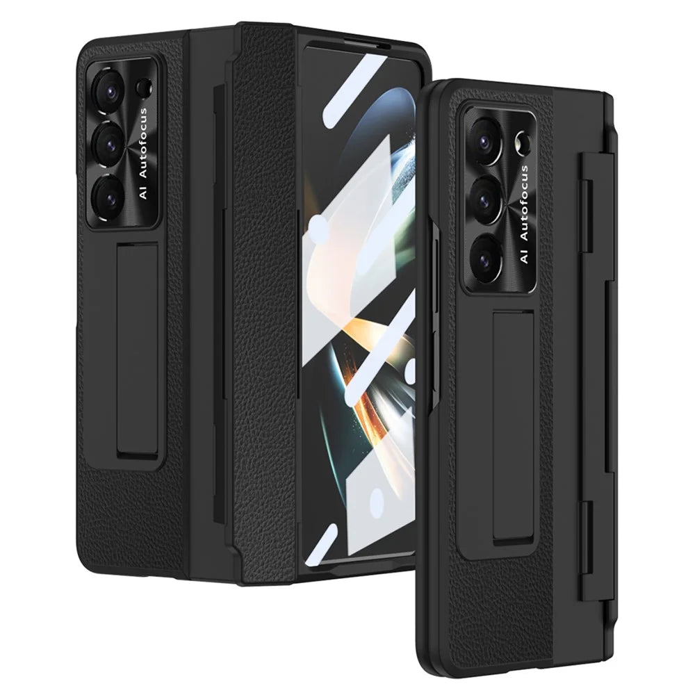 For Samsung Galaxy Z Fold5 5G Kickstand Phone Case PU Leather+PC Shockproof Protective Cover with Tempered Glass Film - Black - 1