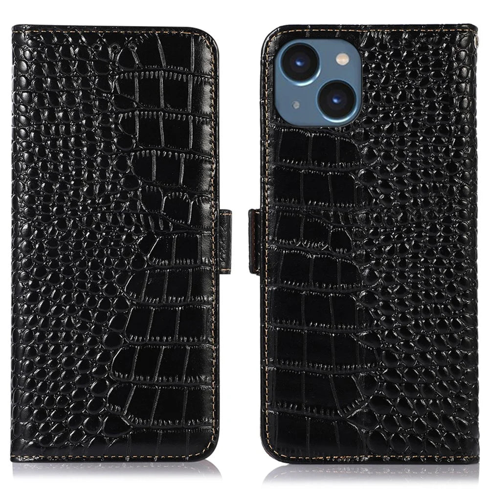 For iPhone 15 Plus RFID Blocking Phone Case Shockproof Genuine Cow Leather Wallet Stand Cover - Black - 1