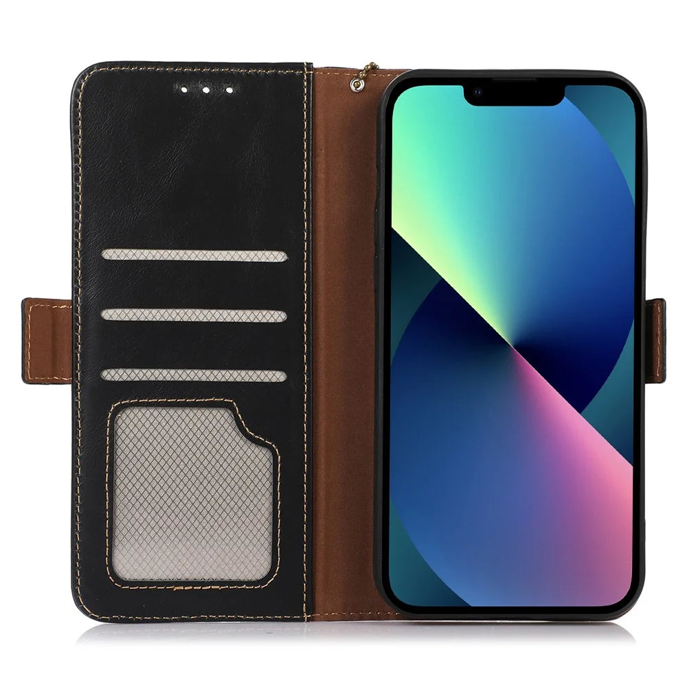 RFID Blocking Phone Case for iPhone 15 Pro Max , Genuine Cow Leather Wallet Phone Stand Cover - Black - 2
