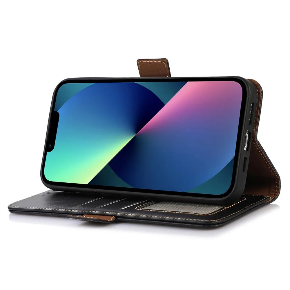 RFID Blocking Phone Case for iPhone 15 Pro Max , Genuine Cow Leather Wallet Phone Stand Cover - Black - 3