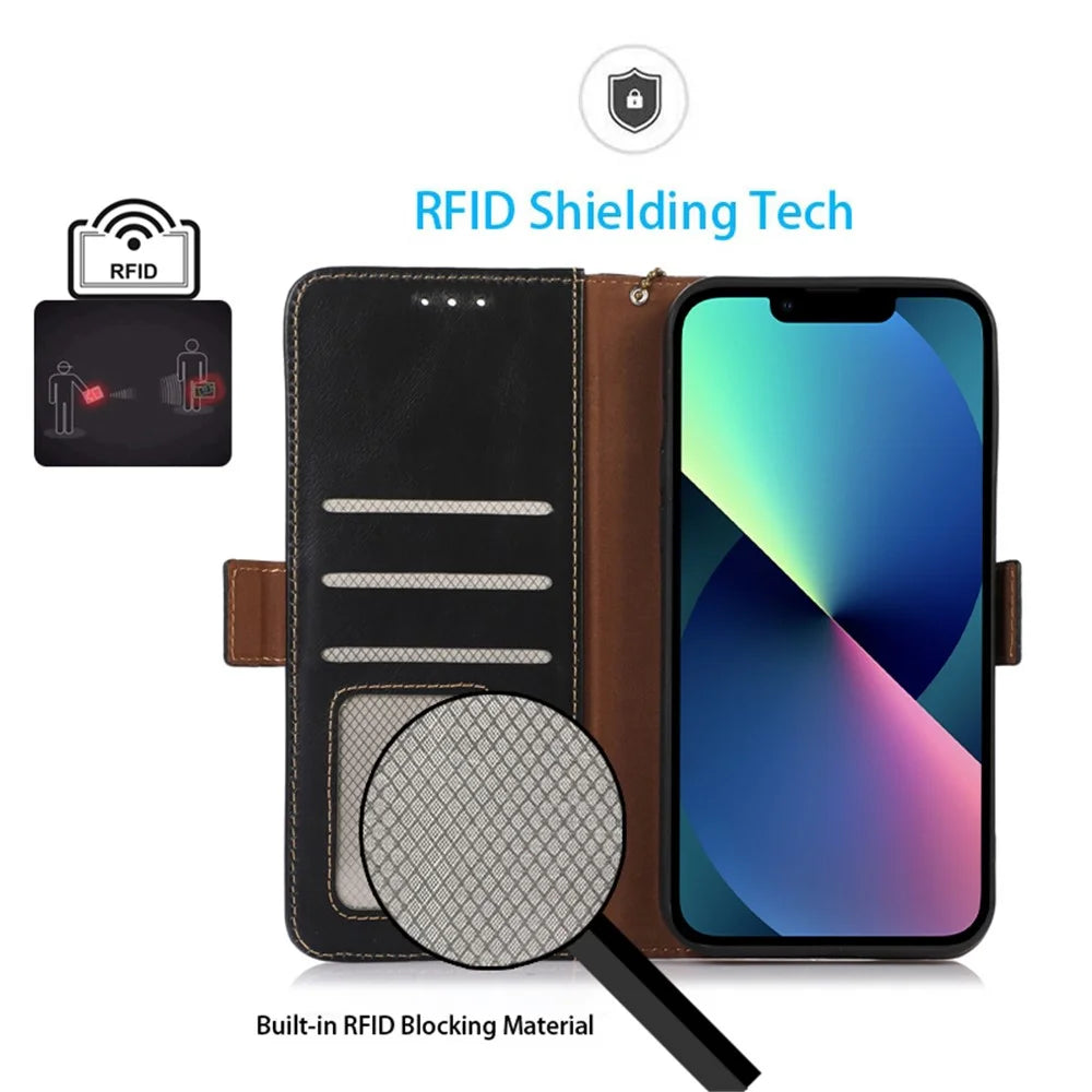 RFID Blocking Phone Case for iPhone 15 Pro Max , Genuine Cow Leather Wallet Phone Stand Cover - Black - 4