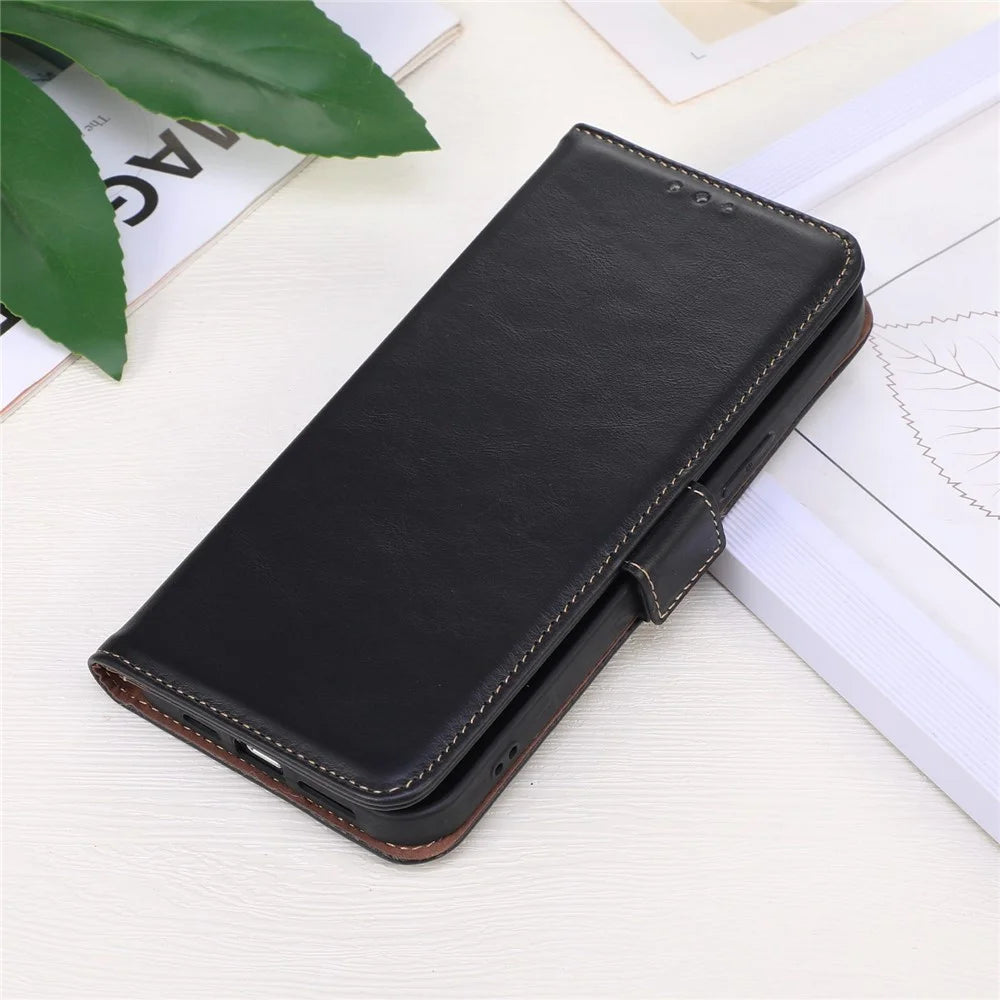 RFID Blocking Phone Case for iPhone 15 Pro Max , Genuine Cow Leather Wallet Phone Stand Cover - Black - 7