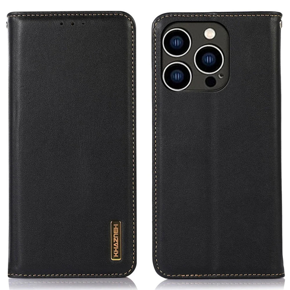 KHAZNEH For iPhone 15 Pro Max RFID Blocking Phone Case Genuine Cow Leather Wallet Stand Flip Cover - Black - 1