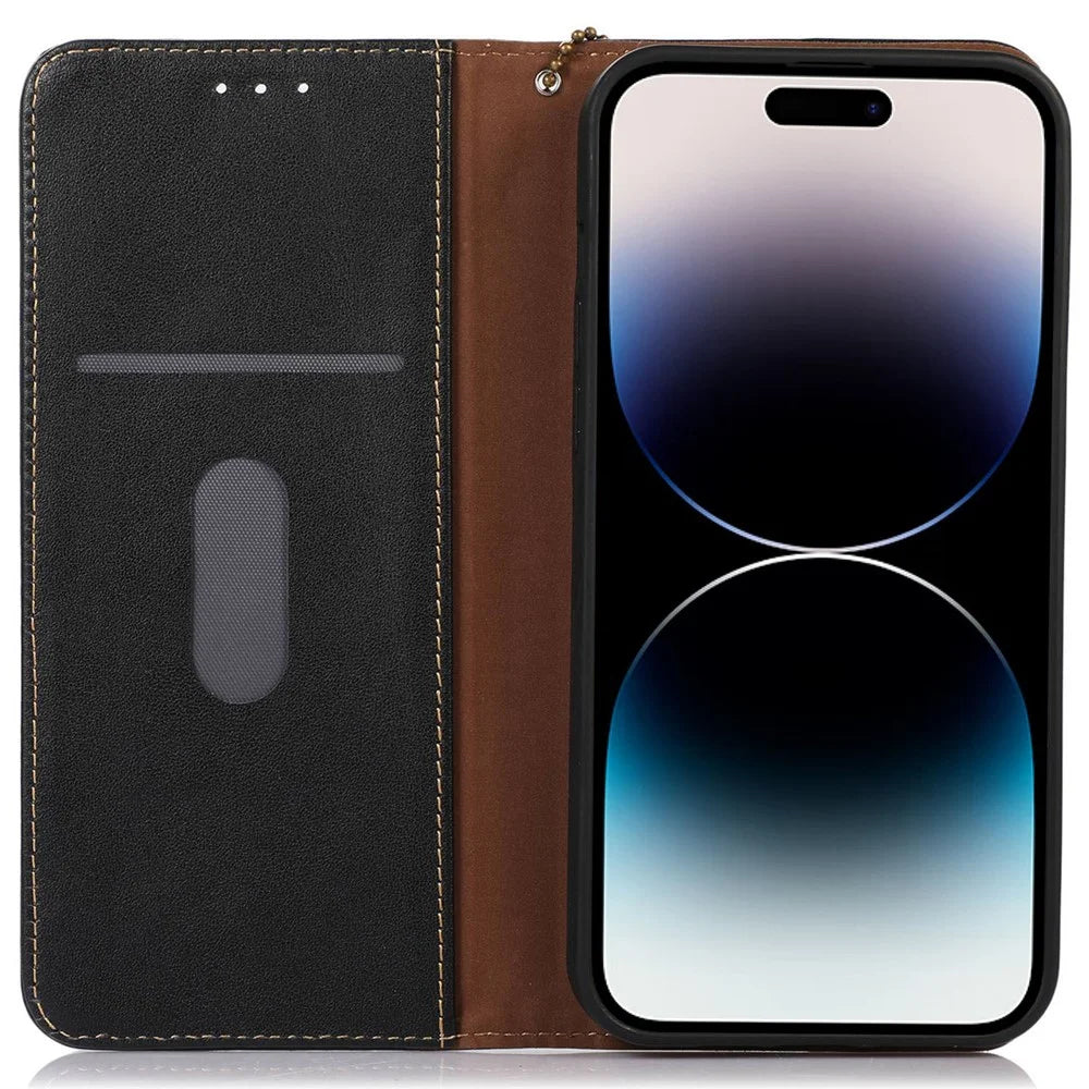 KHAZNEH For iPhone 15 Pro Cowhide Leather Wallet Phone Case RFID Blocking Flip Stand Cover - Black - 2