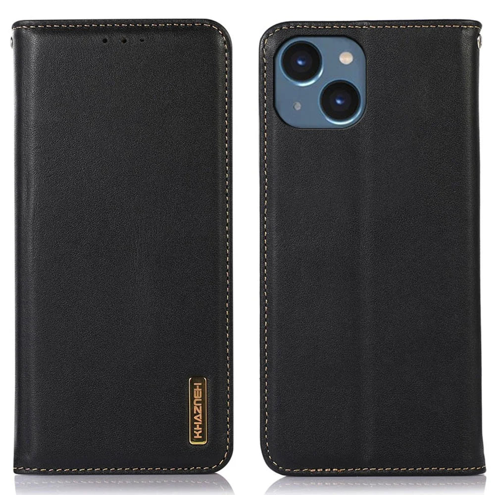 KHAZNEH For iPhone 15 Plus RFID Blocking Wallet Phone Case Cowhide Leather Anti-drop Stand Cover - Black - 1