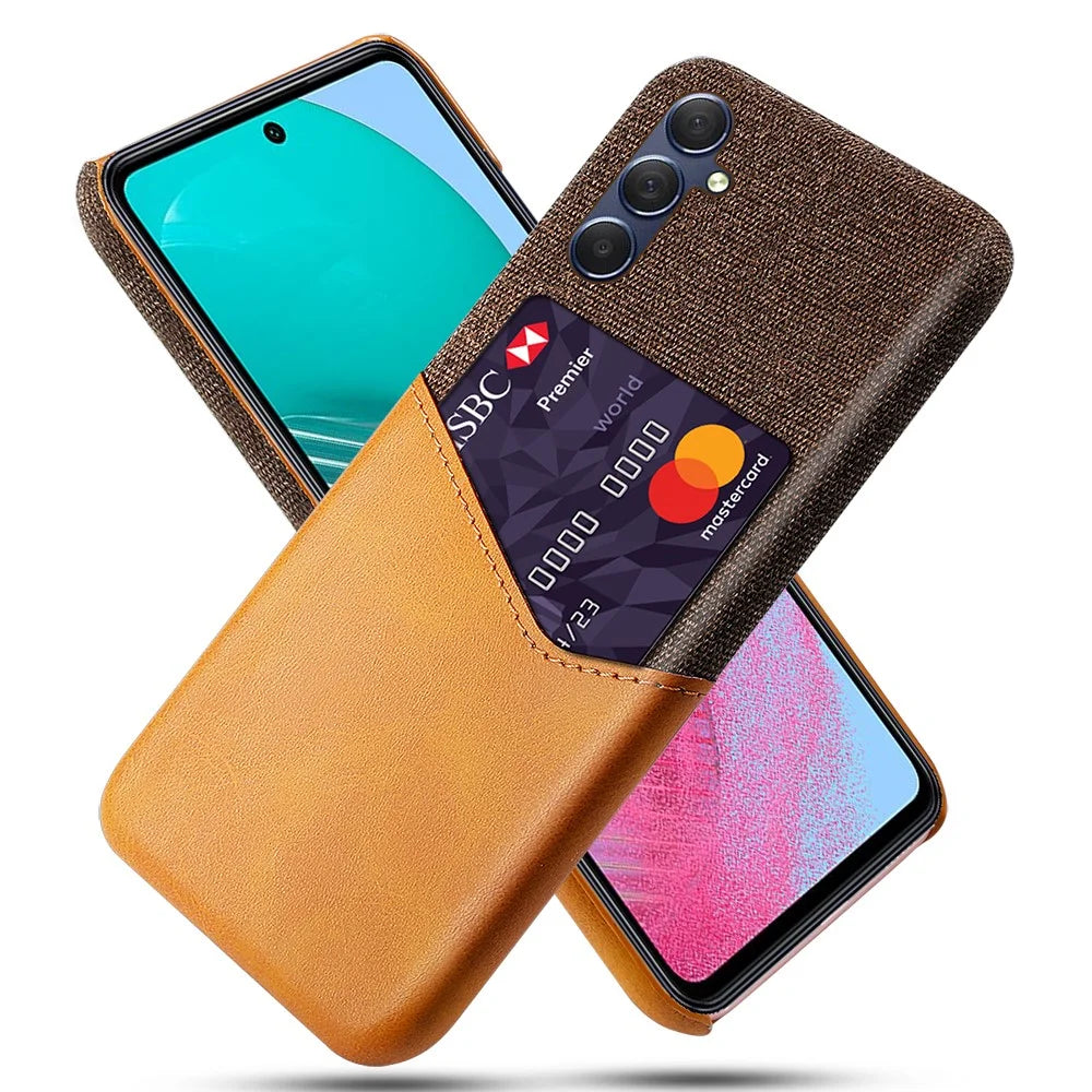 For Samsung Galaxy M54 5G / F54 5G Card Holder Leather Coated PC Case Cloth Texture Anti-scratch Phone Cover - Orange - 1