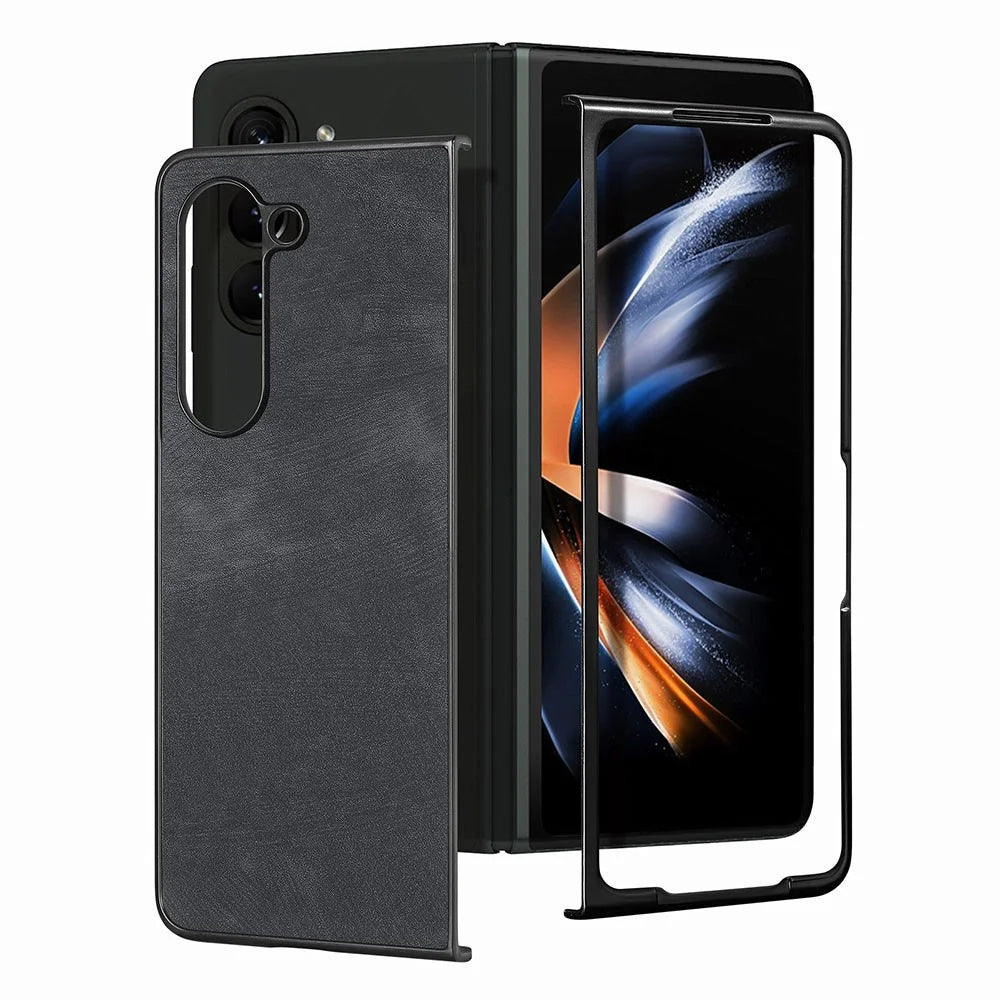 For Samsung Galaxy Z Fold5 5G Vintage PU Leather+PC Phone Case Anti-Scratch Protective Cover - Black - 2
