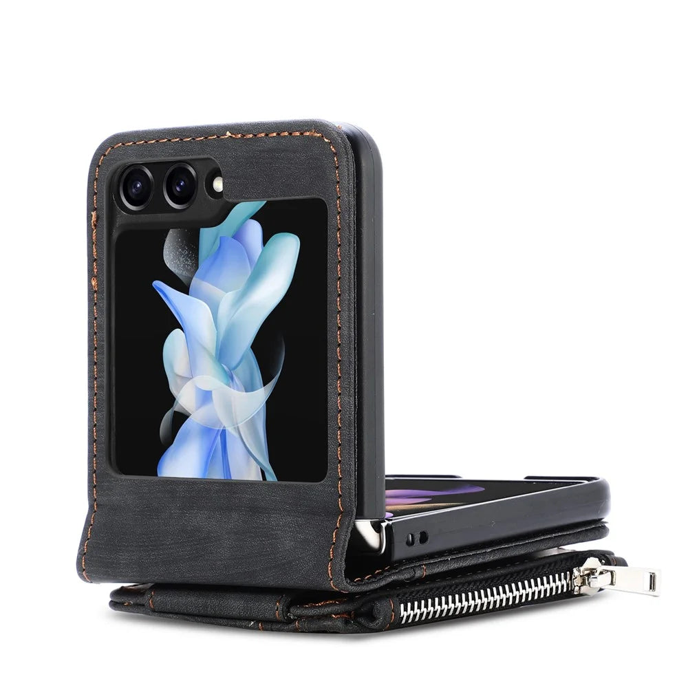 Protective Wallet Case for Samsung Galaxy Z Flip5 5G Retro PU Leather PC Phone Cover with Kickstand - Black - 4