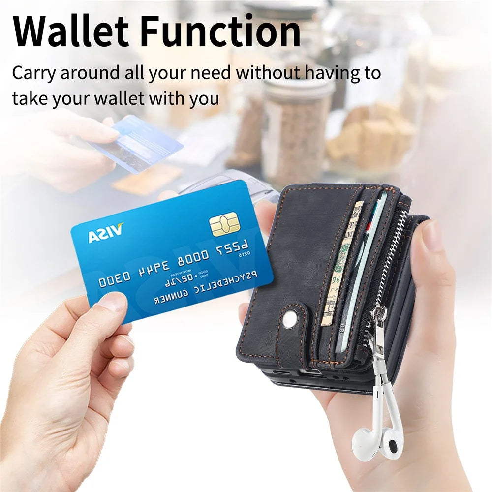Protective Wallet Case for Samsung Galaxy Z Flip5 5G Retro PU Leather PC Phone Cover with Kickstand - Black - 6