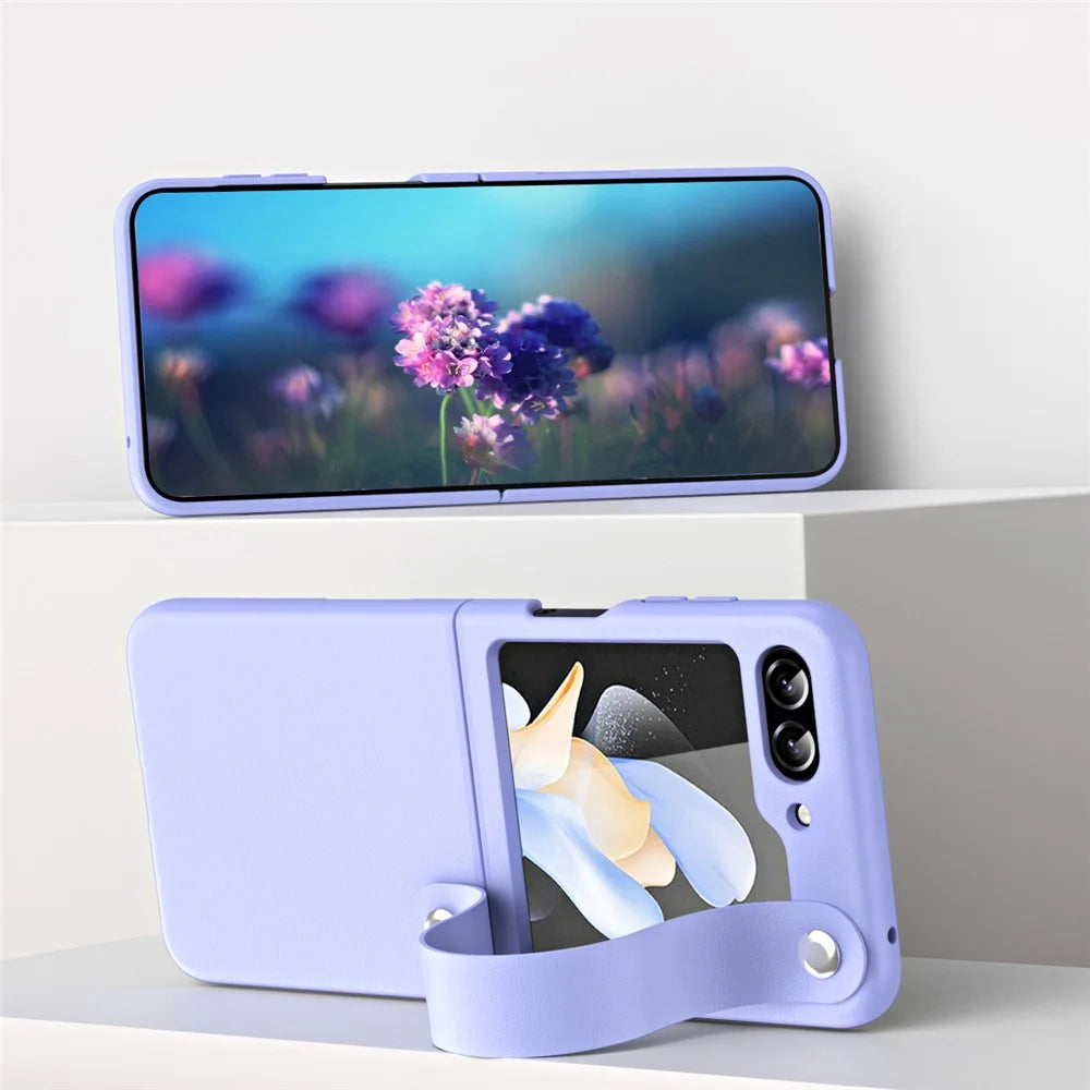 Slim Case for Samsung Galaxy Z Flip5 5G Protective PU Leather PC Phone Cover with Finger Strap - Purple - 3