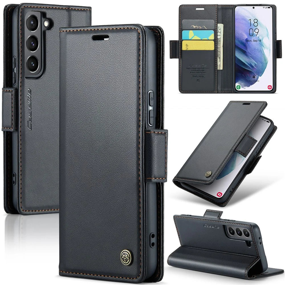 For Samsung Galaxy S21+ 5G Leather Case CASEME 023 RFID Blocking 3 Card Slot Mobile Cover - Black - 1