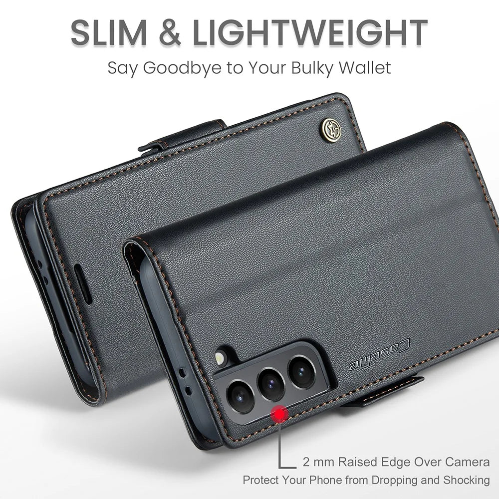 For Samsung Galaxy S21+ 5G Leather Case CASEME 023 RFID Blocking 3 Card Slot Mobile Cover - Black - 5