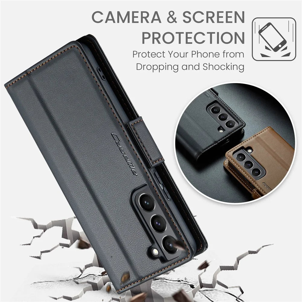 For Samsung Galaxy S21+ 5G Leather Case CASEME 023 RFID Blocking 3 Card Slot Mobile Cover - Black - 7