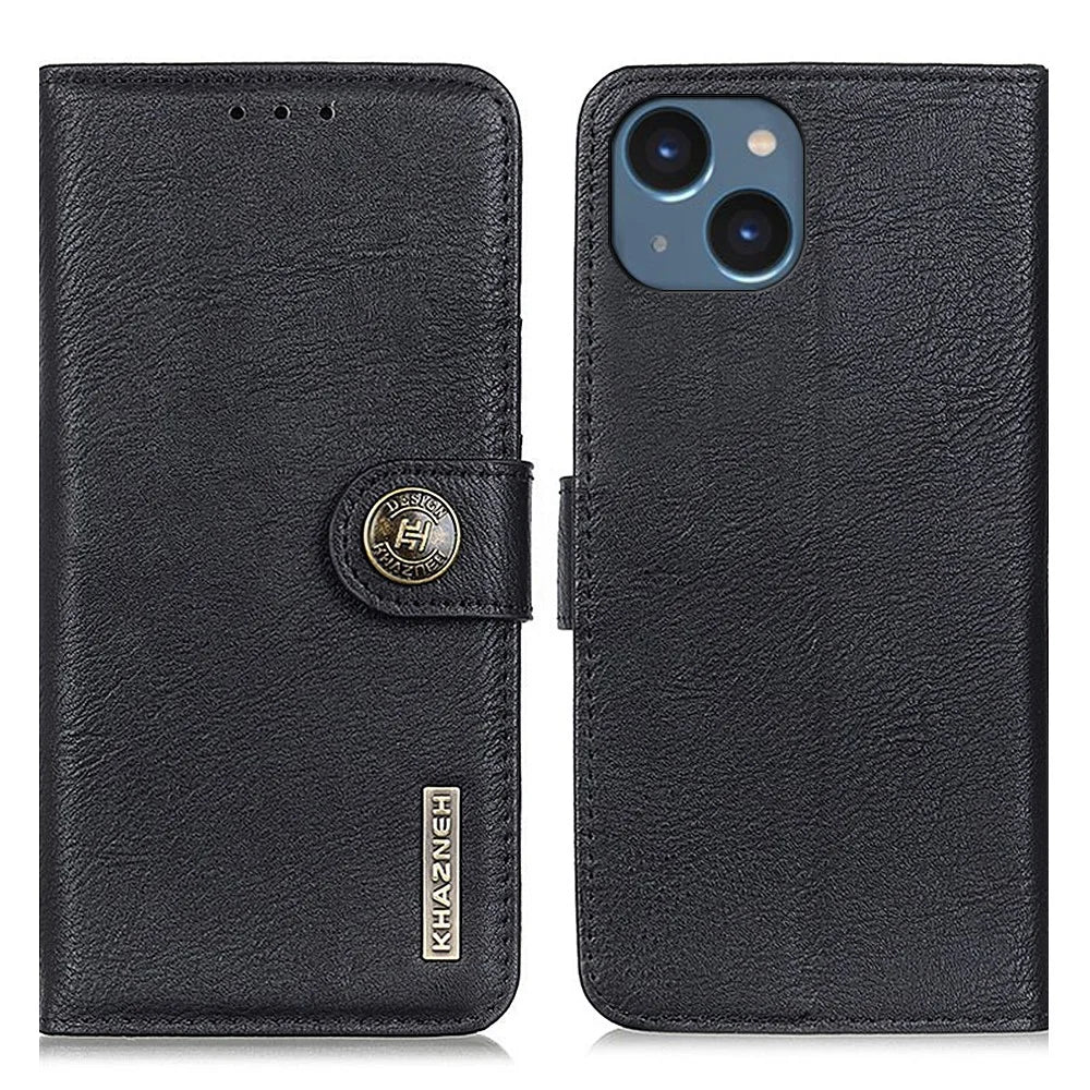 KHAZNEH For iPhone 15 Plus Cowhide Texture Shockproof Stand Cover Leather Wallet Phone Case - Black - 1