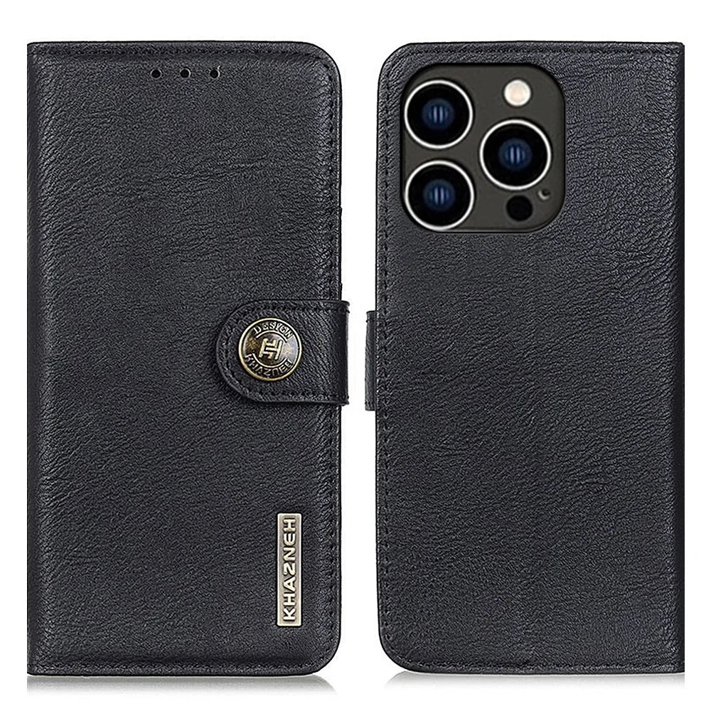 KHAZNEH For iPhone 15 Pro Max Cowhide Texture Flip Stand Phone Case Leather Wallet Shell - Black - 1