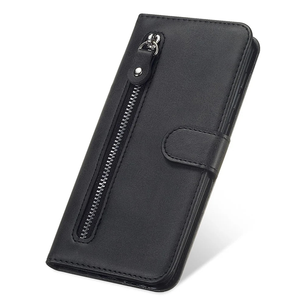 For Realme C53 (Global) / C53 (India) / C51 / Narzo N53 4G PU Leather Phone Case Calf Texture Stand Zipper Pocket Wallet Cover - Black - 6