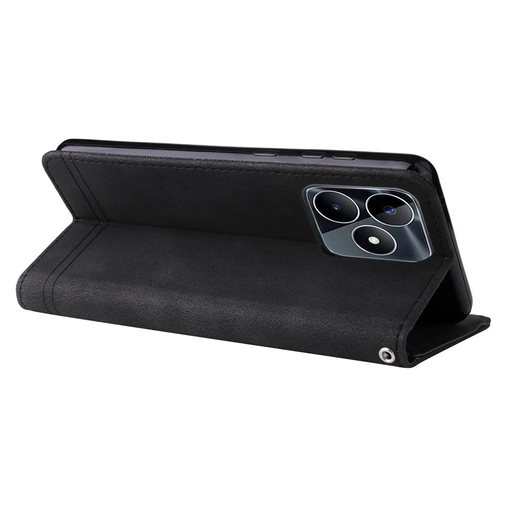 For Realme C53 (Global) / C53 (India) / C51 / Narzo N53 4G Leather Wallet Cases Skin Touch Phone Cover Stand with Strap - Black - 4