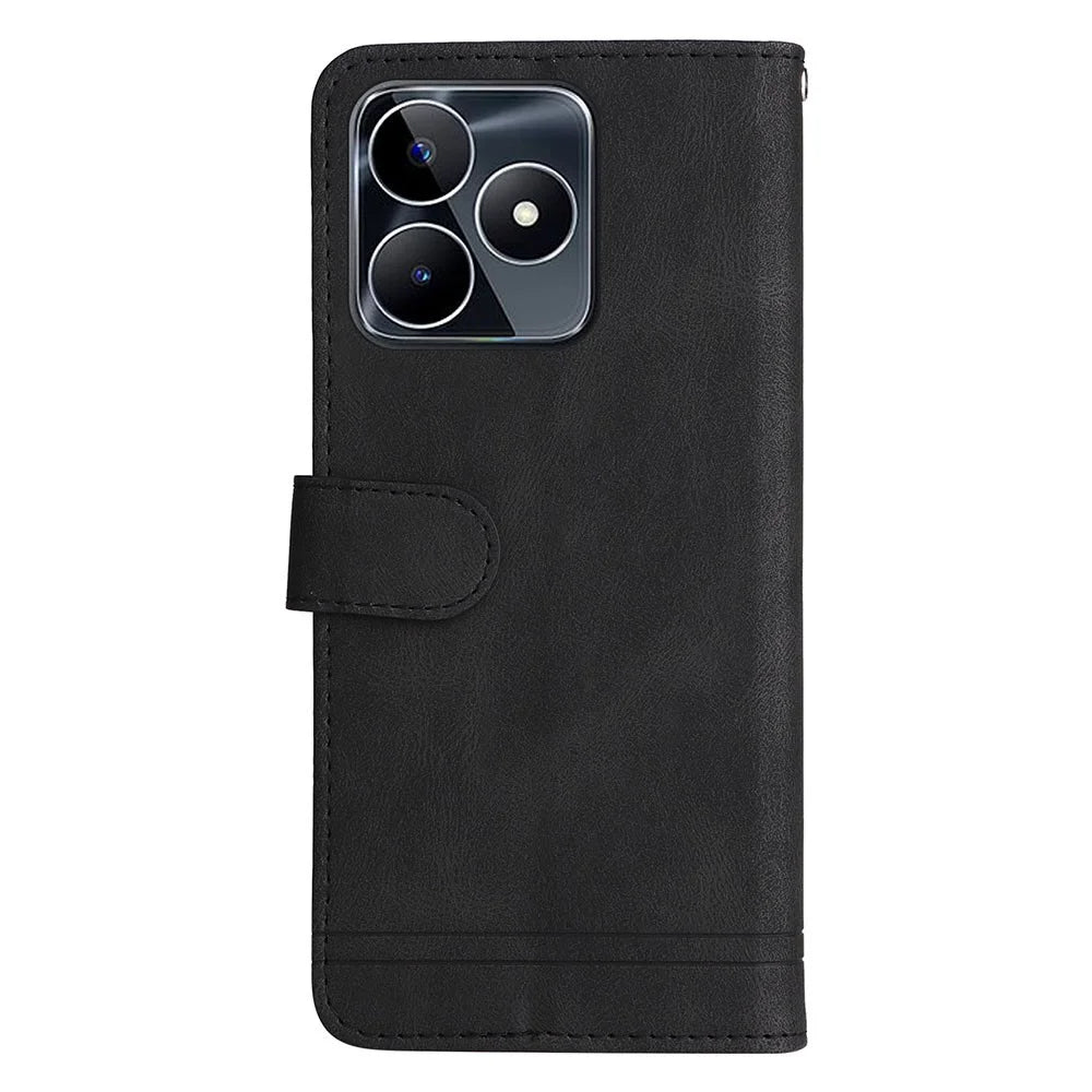 For Realme C53 (Global) / C53 (India) / C51 / Narzo N53 4G Leather Wallet Cases Skin Touch Phone Cover Stand with Strap - Black - 7