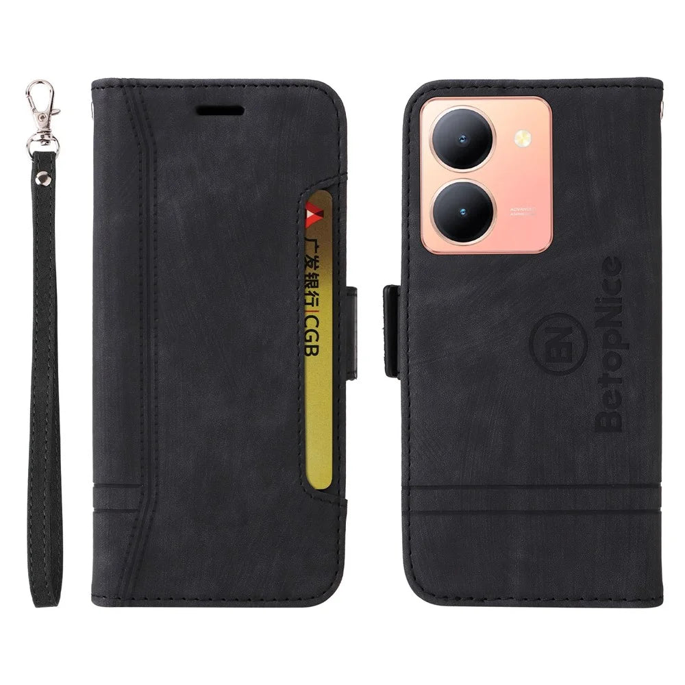 BETOPNICE 001 For vivo Y78 5G (China) / Y36 4G (Global) / Y36 5G (Global) Wallet Phone Case Stitching Imprinted Line PU Leather Flip Cover - Black - 1