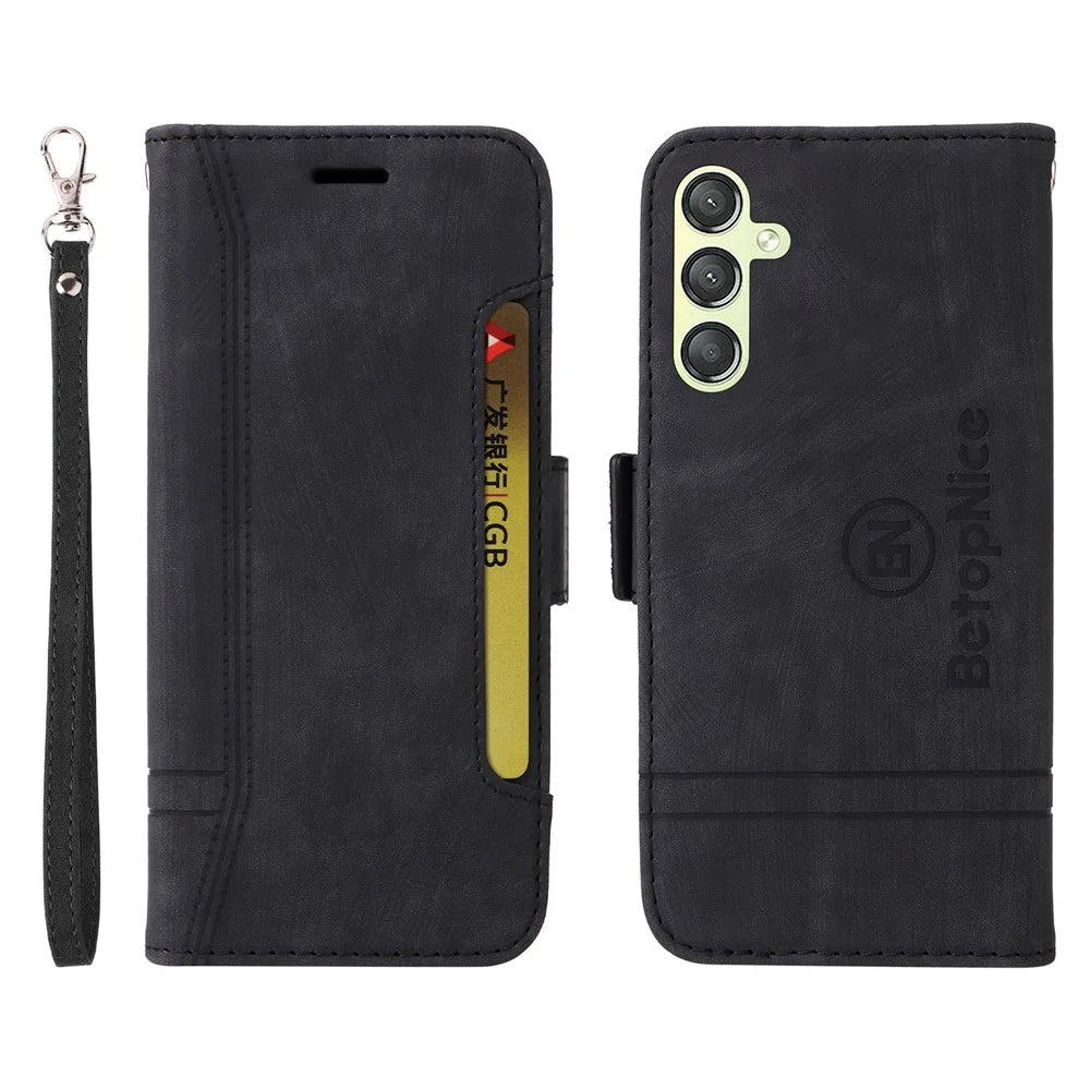 BETOPNICE 001 For Samsung Galaxy M14 / F14 5G Imprinted Line Wallet Stand Cover PU Leather Phone Case - Black - 1