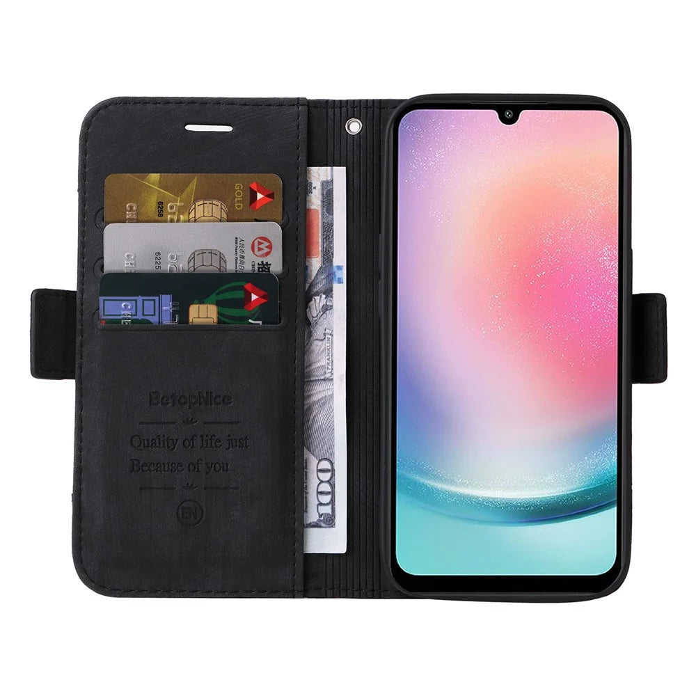BETOPNICE 001 For Samsung Galaxy A24 4G (162.1 x 77.6 x 8.3mm) Phone Wallet Stand Case Imprinted Line PU Leather Cover - Black - 2