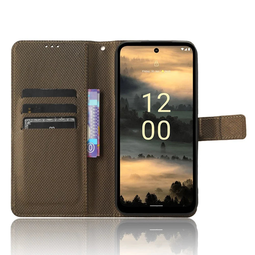 For Nokia XR21 Shockproof Wallet Phone Case PU Leather Diamond Texture Cover with Stand - Brown - 2