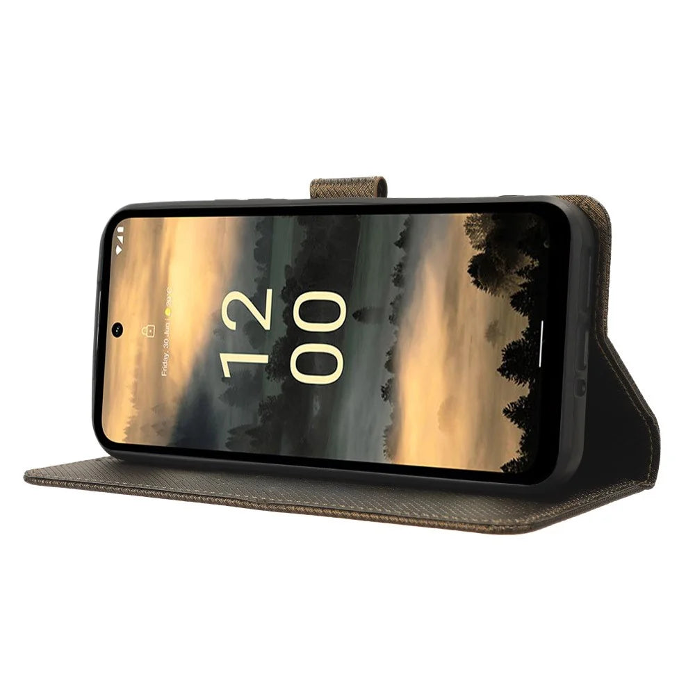 For Nokia XR21 Shockproof Wallet Phone Case PU Leather Diamond Texture Cover with Stand - Brown - 3