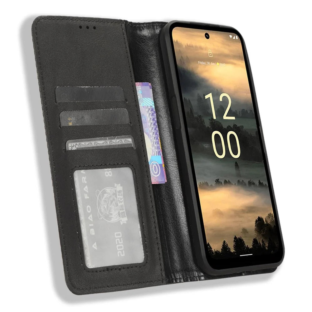 For Nokia XR21 PU Leather Shockproof Shell Retro Stand Wallet Phone Case - Black - 2