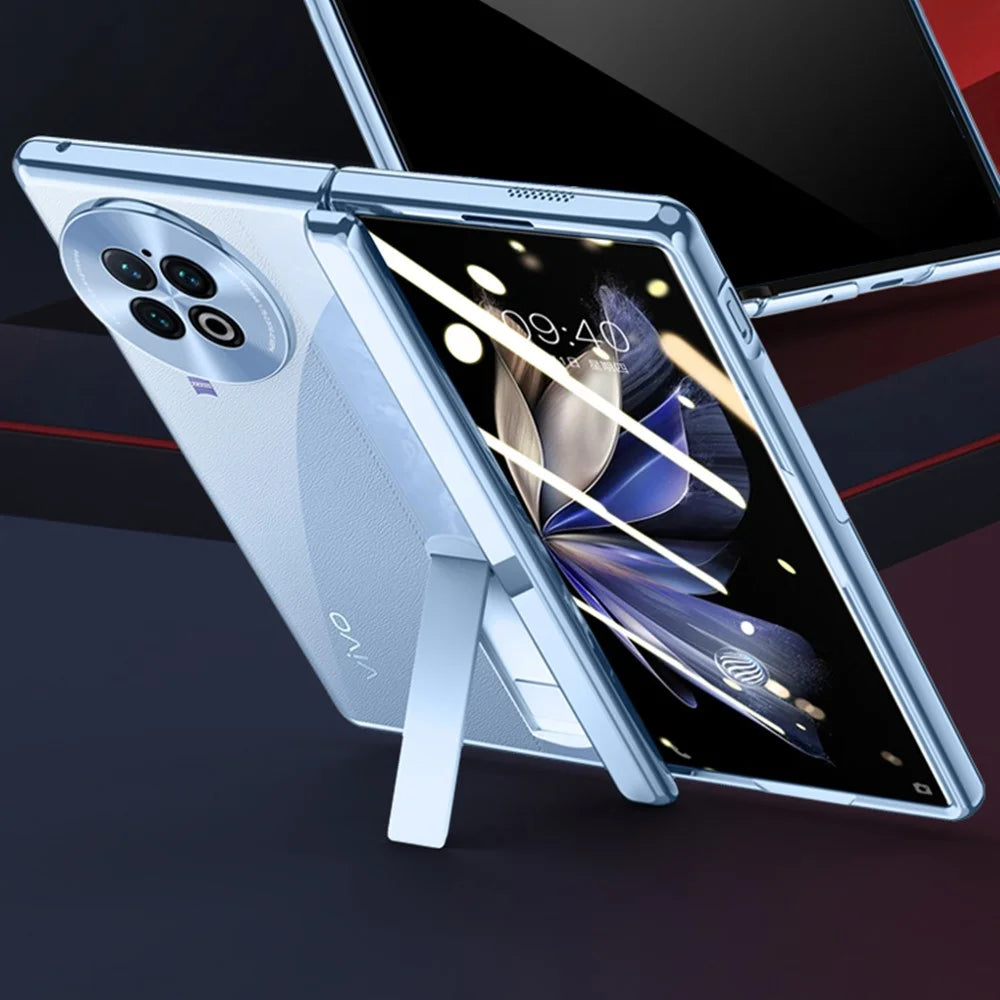 For vivo X Fold2 Hinge Protection PC Phone Case Kickstand Electroplating Clear Cover with Tempered Glass Film - Black - 5