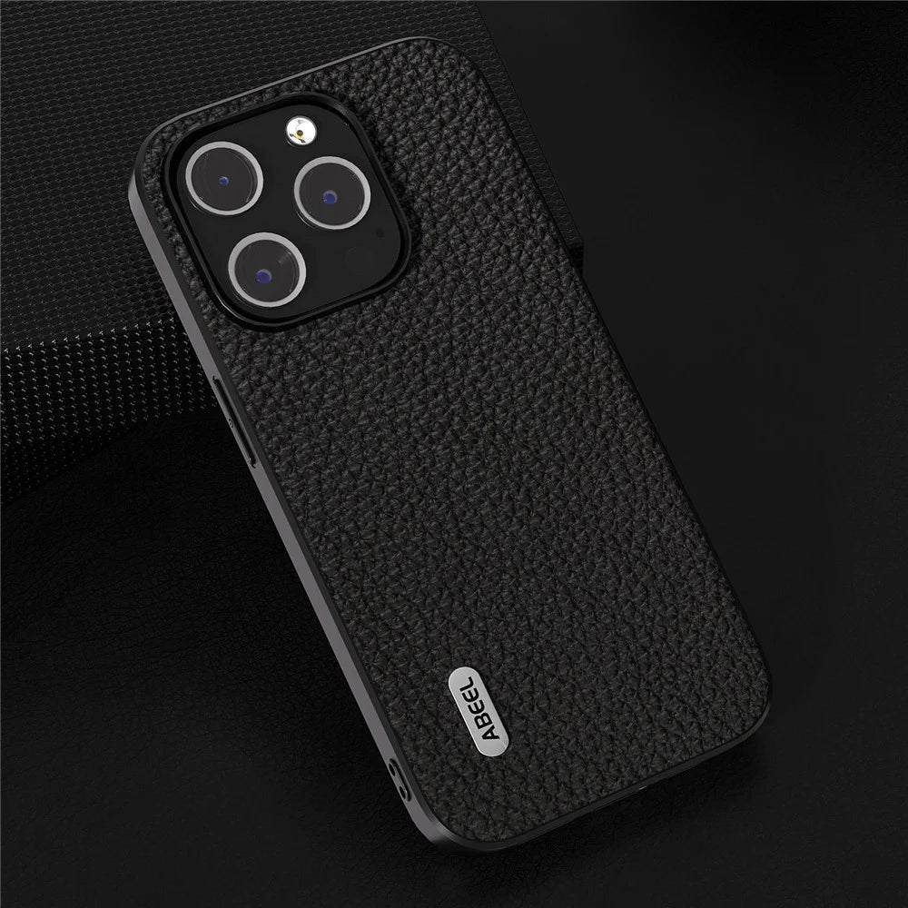 ABEEL For iPhone 15 Pro Anti-Scratch Phone Case Cowhide Leather + PC Litchi Texture Cover - Black - 2