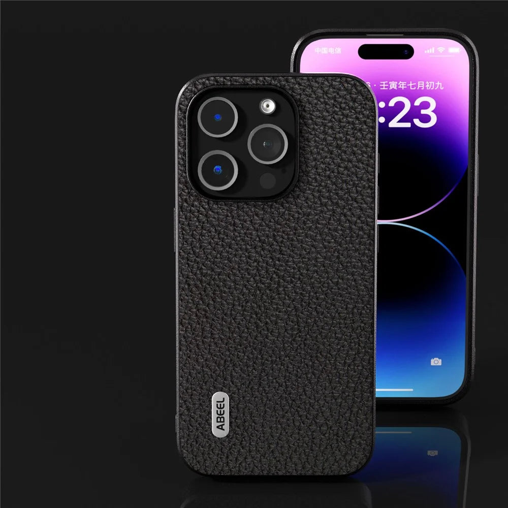 ABEEL For iPhone 15 Pro Anti-Scratch Phone Case Cowhide Leather + PC Litchi Texture Cover - Black - 4