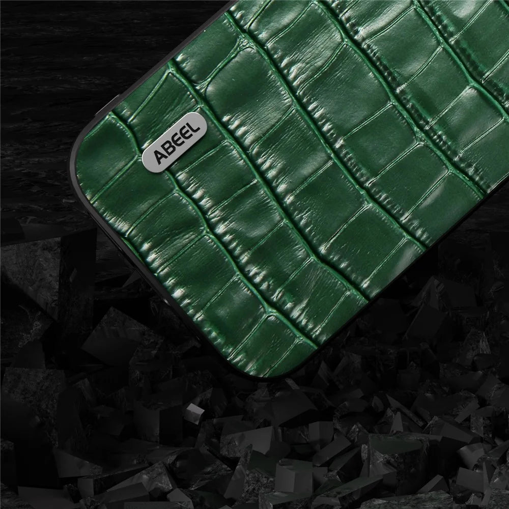 ABEEL For iPhone 15 Pro Crocodile Texture Phone Cover Cowhide Leather Coated PC+TPU Protective Shell - Green - 3
