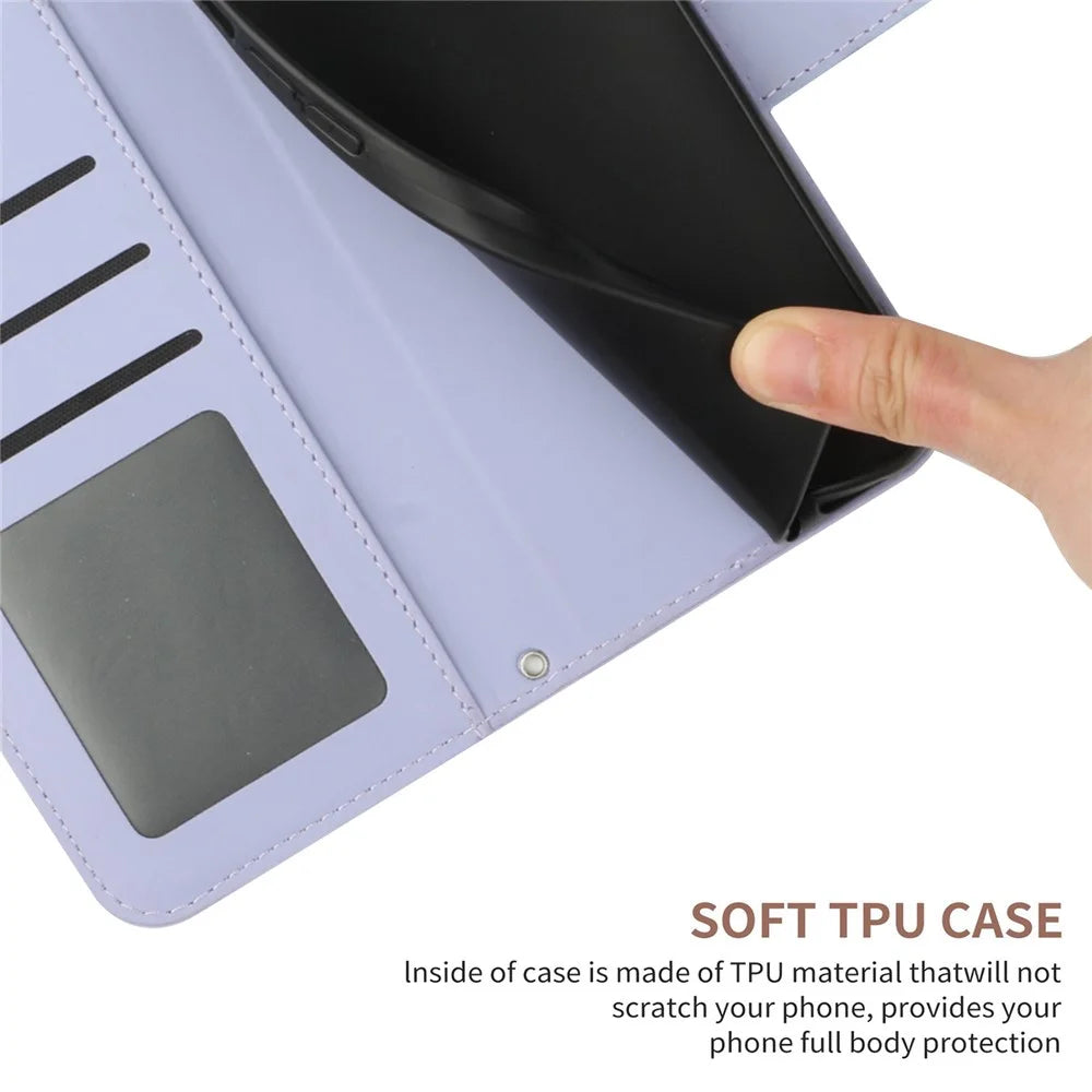 HT04 For iPhone 15 Pro Max Anti-drop Phone Case Sunflower Pattern Stand Leather Wallet Cover with Hand Strap - Light Purple - 6