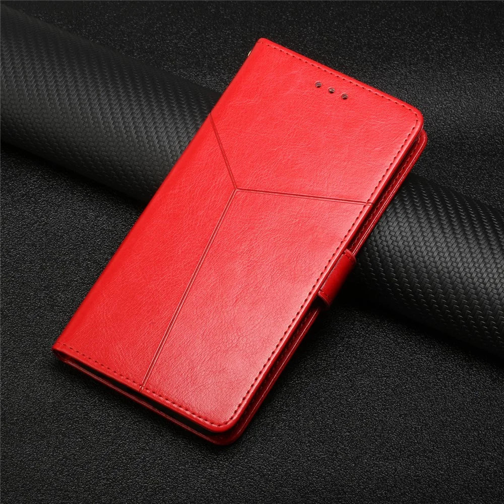 HT01 Phone Case for iPhone 15 Plus , Y-shaped Line Imprinting PU Leather Wallet Stand Anti-drop Cover - Red - 7