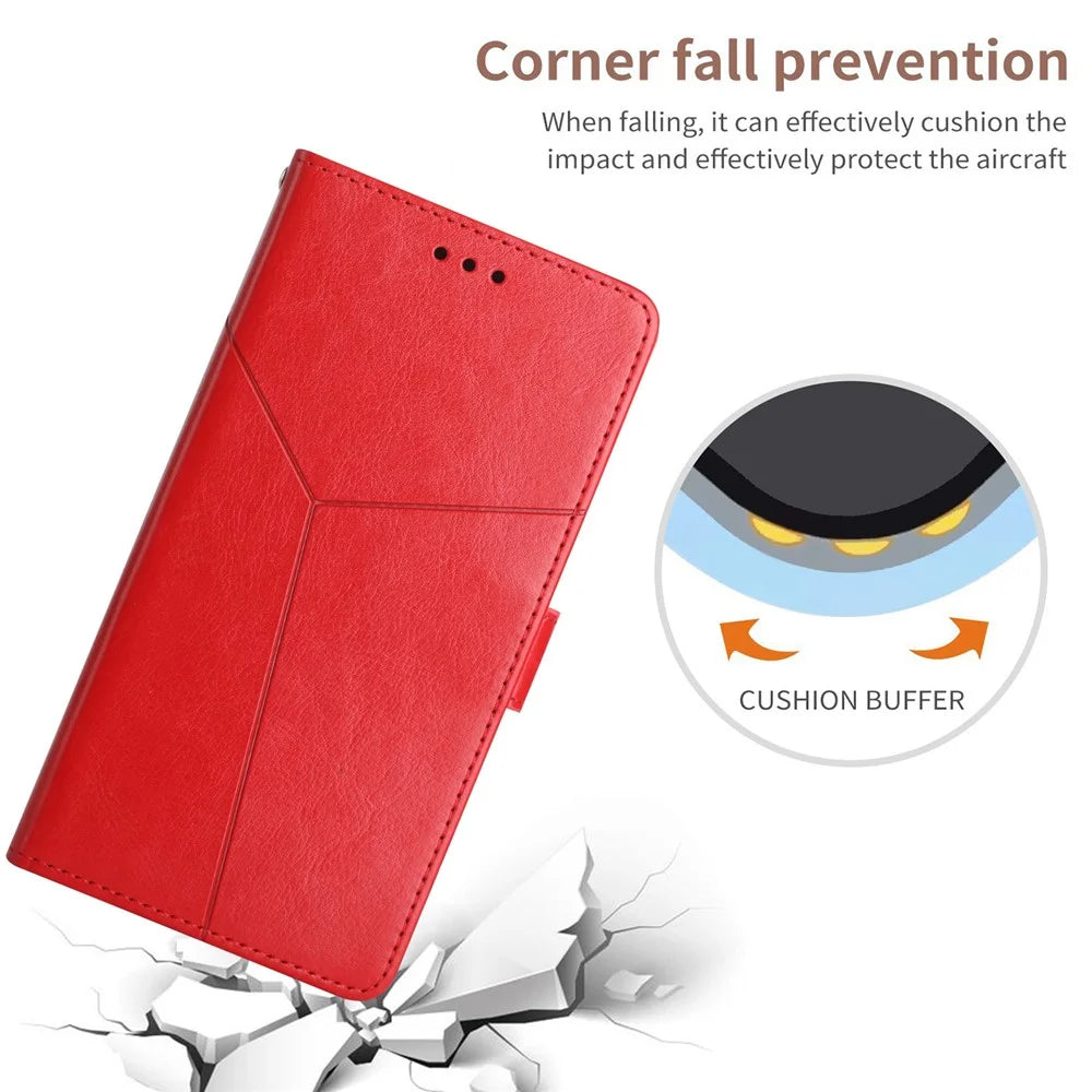 HT01 Phone Case for iPhone 15 Pro Y-shaped Line Imprinting Wallet Stand Fall Proof PU Leather Cover - Red - 4
