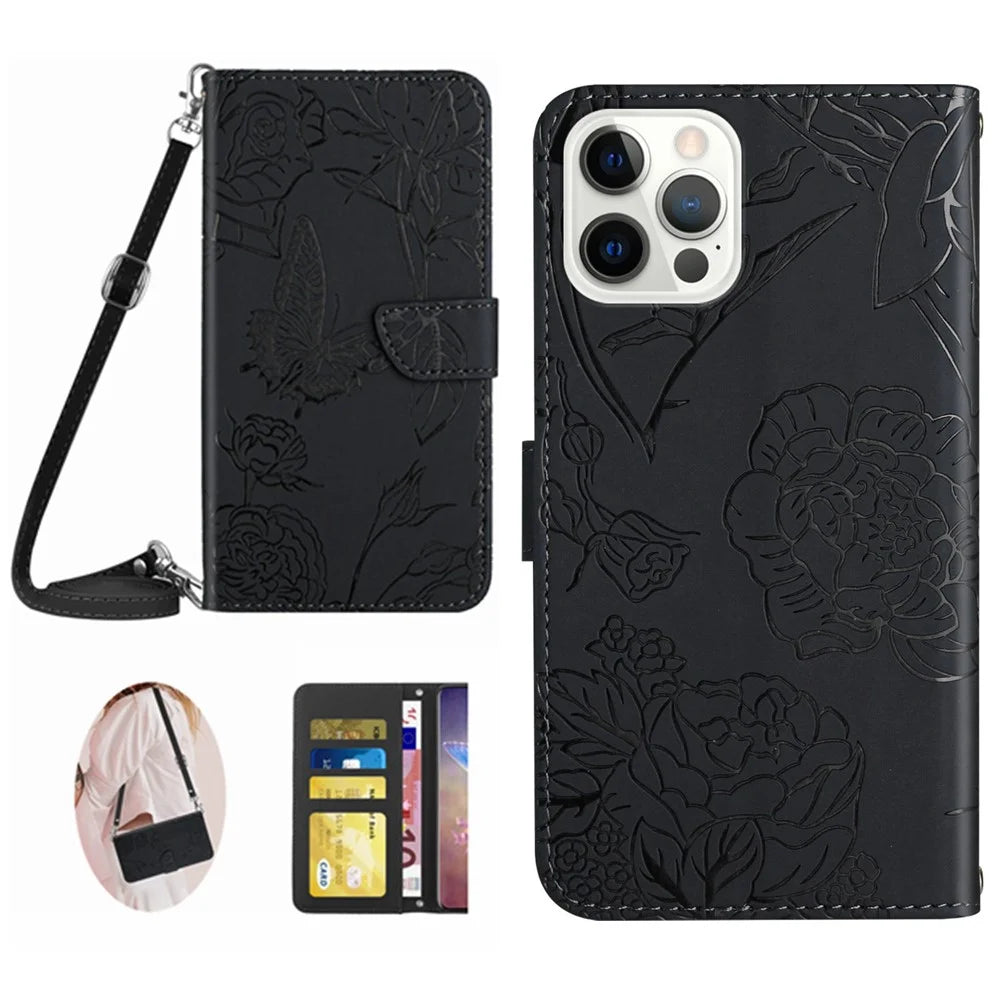 HT03 Phone Cover for iPhone 15 Pro PU Leather Stand Wallet Bump Proof Imprinted Case with Shoulder Strap - Black - 1