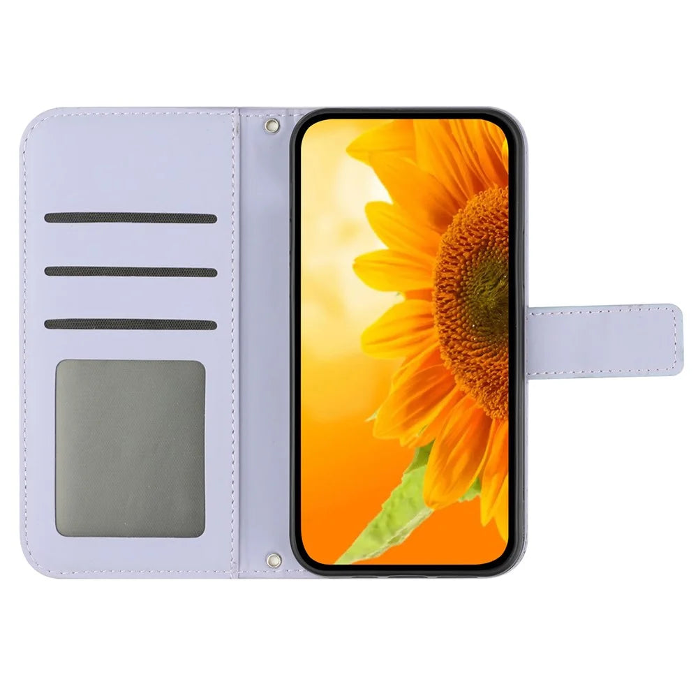 HT04 Leather Phone Case for iPhone 15 Plus Sunflower Imprint Wallet Stand Cover with Shoulder Strap - Light Purple - 2