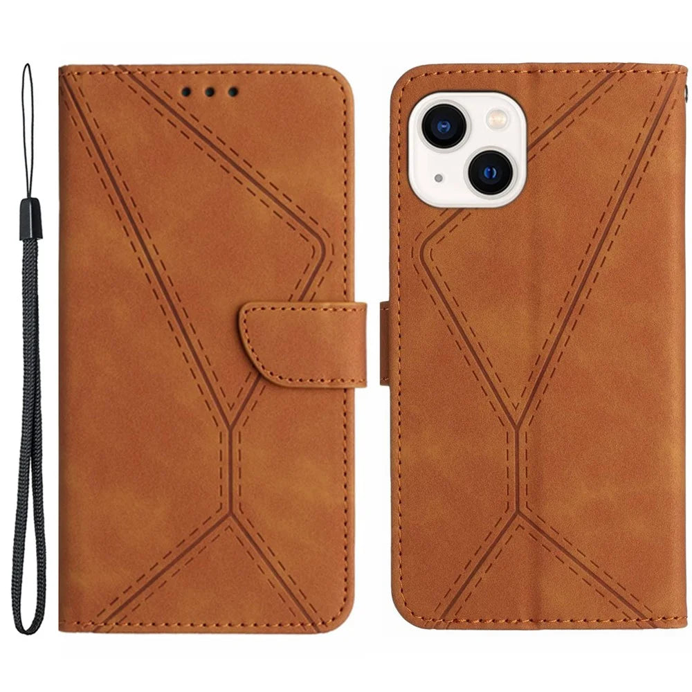 HT05 Leather Cover for iPhone 15 Skin-touch Flip Stand Wallet Imprinted Line Phone Case - Brown - 1